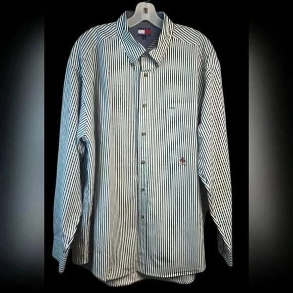 Tommy Hilfiger Vintage Green/White Striped Button Down Shirt Mens XL - Picture 1 of 9